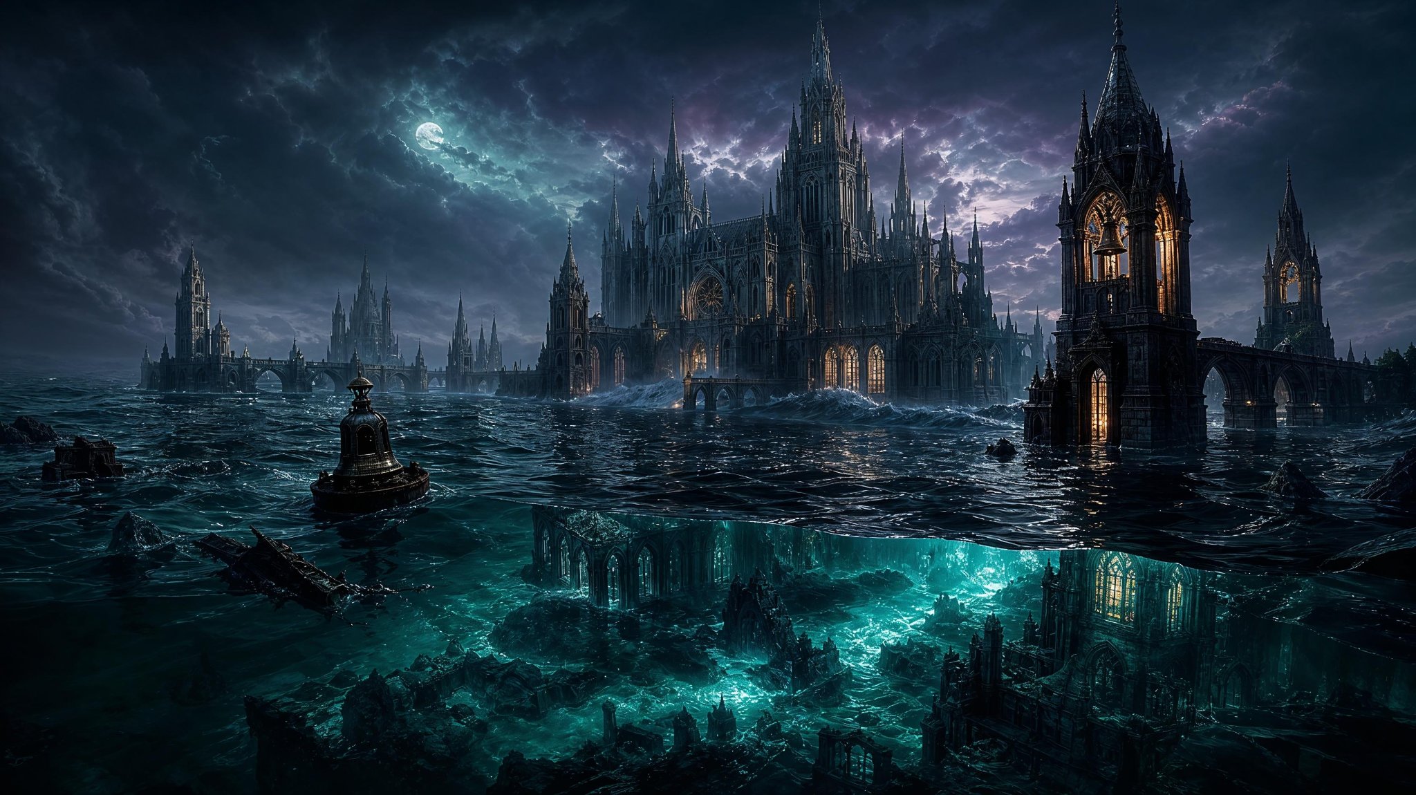 A gothic cathedral-city half-drowned in a black ocean at night, its towers above the waterline and glowing teal ruins beneath the surface